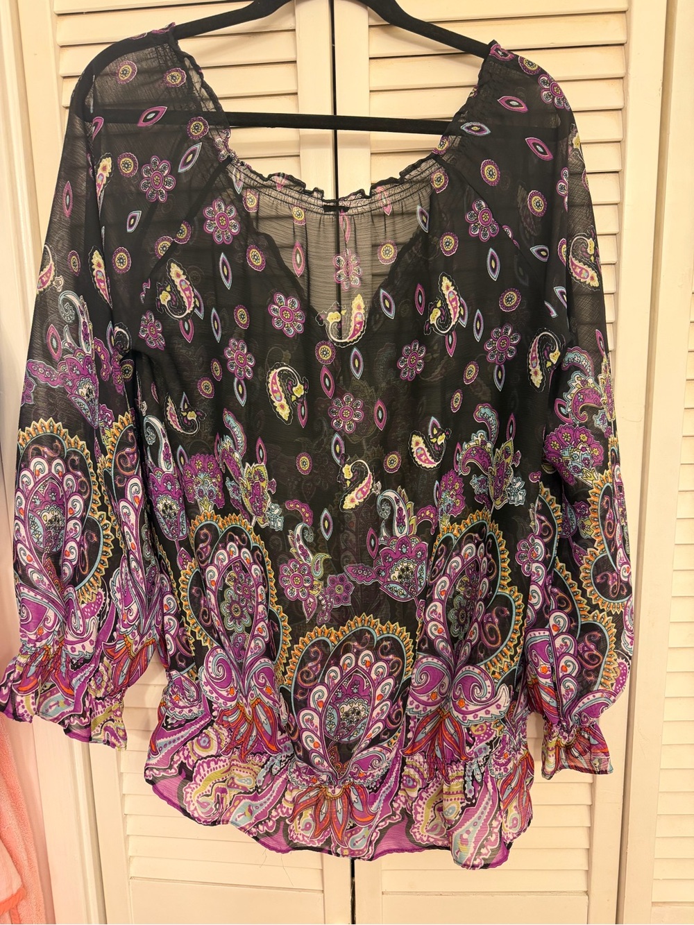 Kay Celine Bohemian Off-Shoulder Peasant Top in Black and Purple
